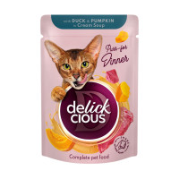 Акція! 12шт+12шт DELICKCIOUS™ "Смужки з качкою та гарбузом в крем супі" вологий корм для дорослих котів 85 г*12 шт
