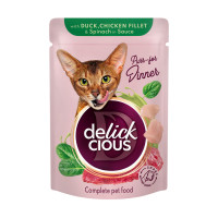 Акція! 12шт+12шт DELICKCIOUS™ “Шматочки з качкою, курячим філе і шпинатом в соусі” вологий корм для дорослих котів 85 г*12 шт