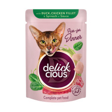 DELICKCIOUS™ “Шматочки з качкою, курячим філе і шпинатом в соусі” вологий корм для дорослих котів 85 г*12 шт