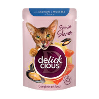 DELICKCIOUS™ “Шматочки з лососем і мідіями в соусі” вологий корм для дорослих котів 85 г*12 шт