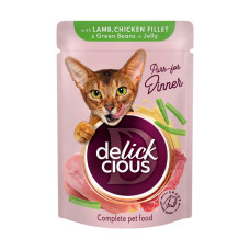 DELICKCIOUS™ “Шматочки з ягнятиною, курячим філе і спаржевою квасолею в желе” вологий корм для дорослих котів 85 г*12 шт