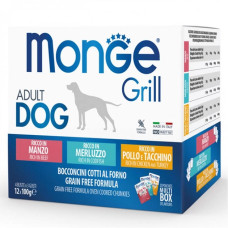 Monge(Монж) Grill Multipack Chicken&Turkey&Beef&Cod Fish-Набір паучів з куркою та індичкою, яловичиною, тріскою 12шт