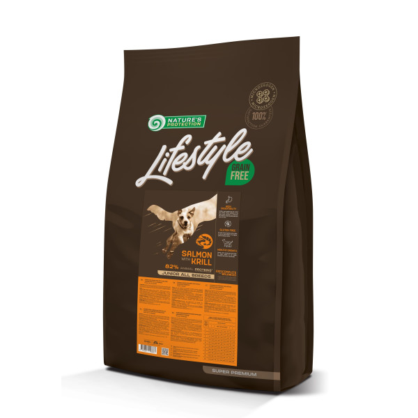 Купить Сухой беззерновой корм Nature's Protection Lifestyle Grain Free Junior для юниоров всех пород с лососем и крилем, 10 кг