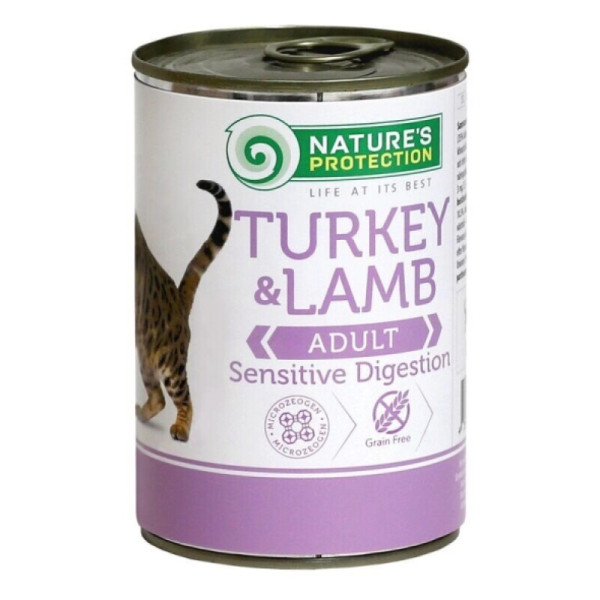 Вологий корм Nature's Protection Adult cats Sensitive digestion для кoтів з чутливим травленням з індичкою і ягням, 400 г