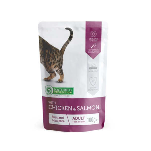 Вологий корм для котів Nature's Protection Skin & Соаt Care pouch 100 г - курка та лосось
