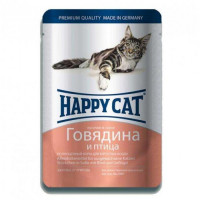 Вологий корм для кішок Happy Cat (Хеппі Кет) з яловичиною і птицею, шматочки в соусі, 100 г*22шт