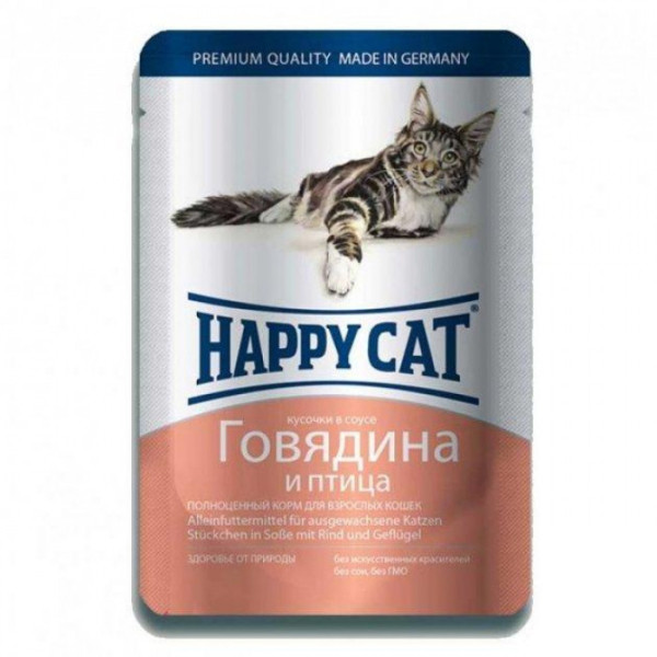 Вологий корм для кішок Happy Cat (Хеппі Кет) з яловичиною і птицею, шматочки в соусі, 100 г*22шт