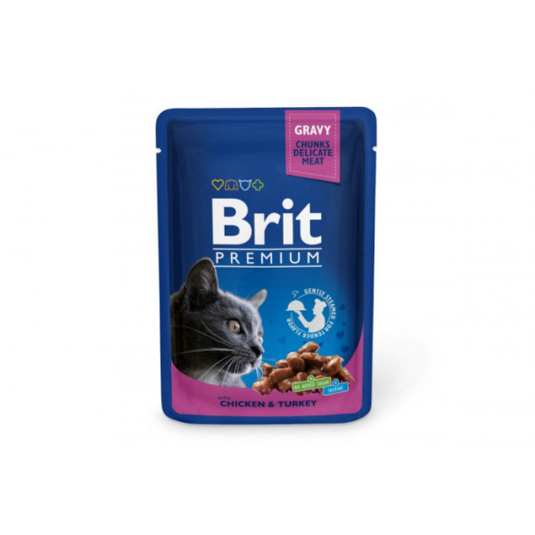Вологий корм для котів Brit Premium Cat pouch 24шт*100 г з куркою та індичкою (пауч)