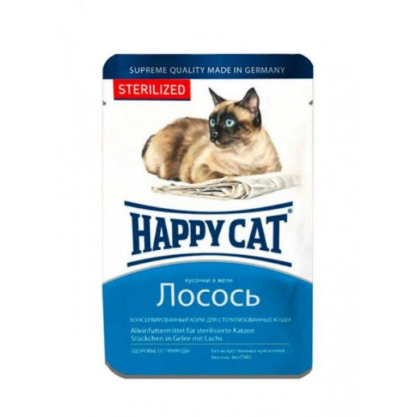 Вологий корм для стерилізованих котів Happy Cat Sterilized (Хеппі Кет) з лососем, шматочки в желе 100 г*22шт