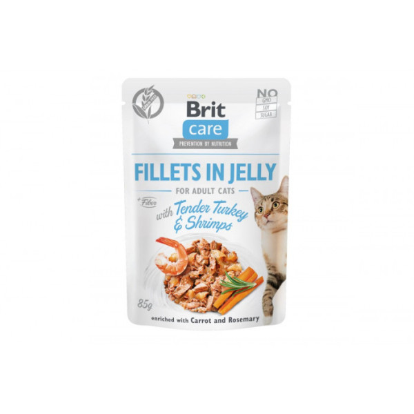 Вологий корм для кішок Brit Care Fillets in Jelly Pouch філе в желе з індичкою та креветками 85 г*12 шт