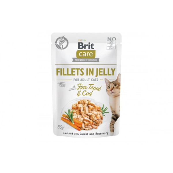 Вологий корм для котів Brit Care Fillets in Jelly pouch 85 г*12 шт - філе тріски та форелі в желе