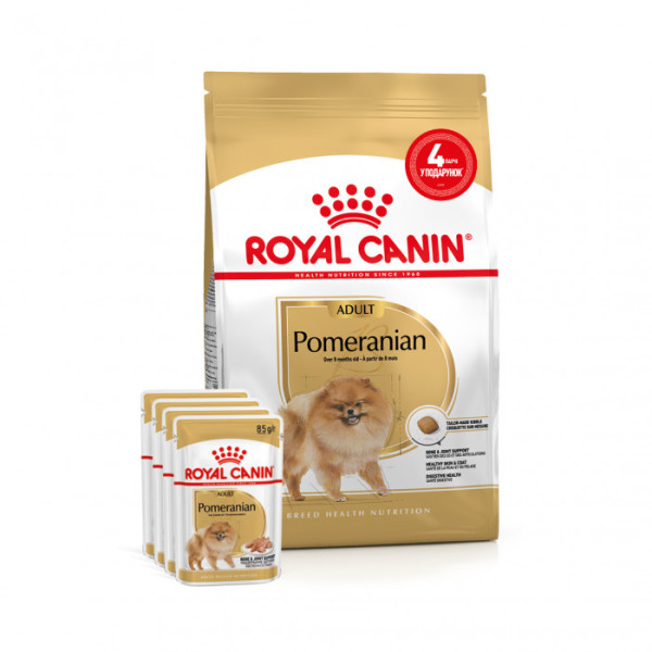 Акція ! Корм для дорослих собак ROYAL CANIN POMERANIAN ADULT 1.5 кг + 4 шт вологого корму в подарунок !