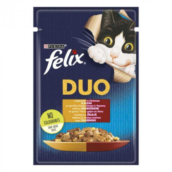 Вологий корм Felix Fantastic Duo для кішок, з індичкою та печінкою, у желе 85 г*26 шт.