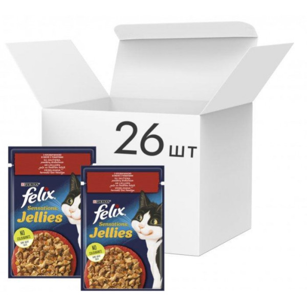 Вологий корм FELIX Sensations Jellies для кішок, з яловичиною і томатами в желі   85г*26шт