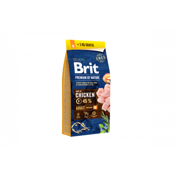 Сухий корм для собак середніх порід вагою від 10 до 25 кг Brit Premium (Брит Преміум) Dog Adult M 15 + 3 кг з куркою