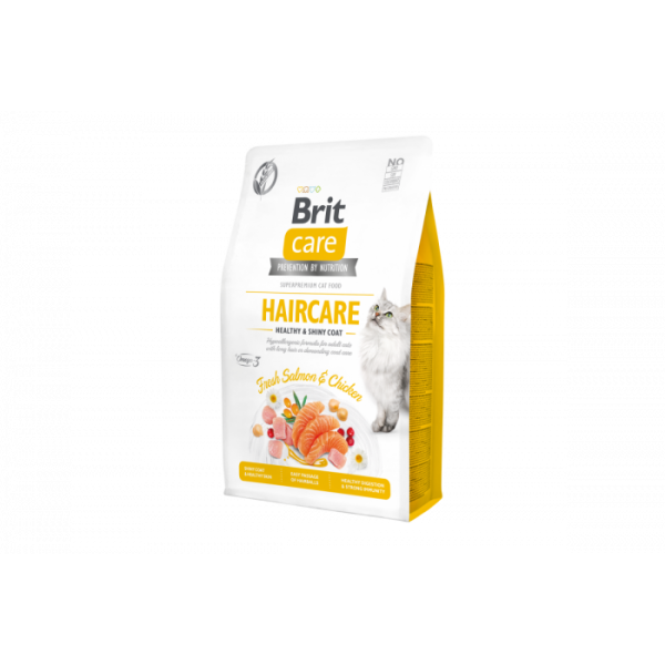 Сухий гіпоалергенний корм для здоров'я шкіри і шерсті кішок Brit Care Cat (Брит Кеа) GF Haircare Healthy & Shiny Coat 2 кг з лососем і куркою