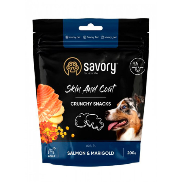 Хрумкі ласощі Savory Skin and Coat для здоров'я шкіри та вовни собак з лососем та чорнобривцями, 200г