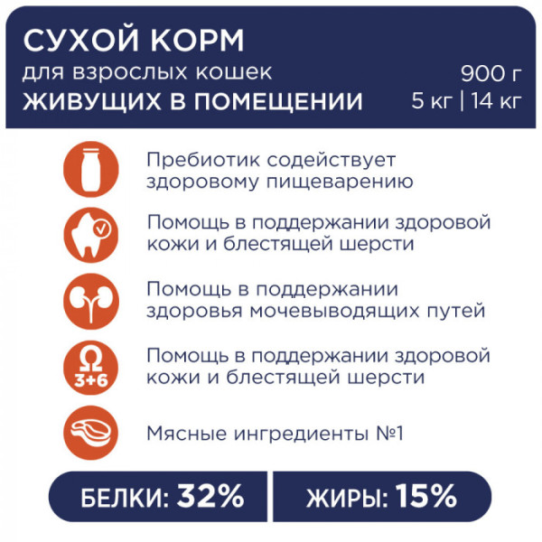 Сухий корм Клуб 4 лапи Premium Indoor 4 in 1 для дорослих кішок, що живуть удома 900 г