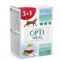 OptiMeal (ОптіМіл) Adult Cats Cod Fish & Vegetable in jelly – Набір 3+1 Консервований корм з тріскою та овочами для дорослих котів (шматочки в желе) 