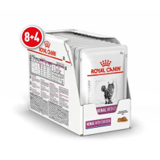 Акция! Влажный корм для взрослых кошек ROYAL CANIN RENAL FELINE CHICKEN Pouches 85 гр 8 шт + 4 шт в подарок